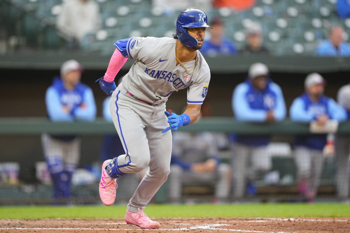 May 8, 2022; Baltimore, Maryland, USA; Kansas City Royals catcher MJ Melendez (1) runs out a double against the Baltimore Orioles during the fifth inning at Oriole Park at Camden Yards. Mandatory Credit: Gregory Fisher-USA TODAY Sports